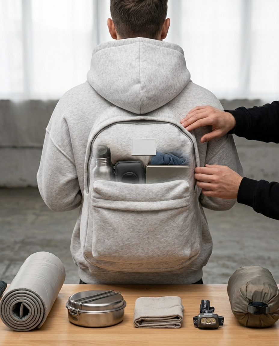 Stowe Studio Pullover-Rucksack gefüllt mit Reise-Ausrüstung